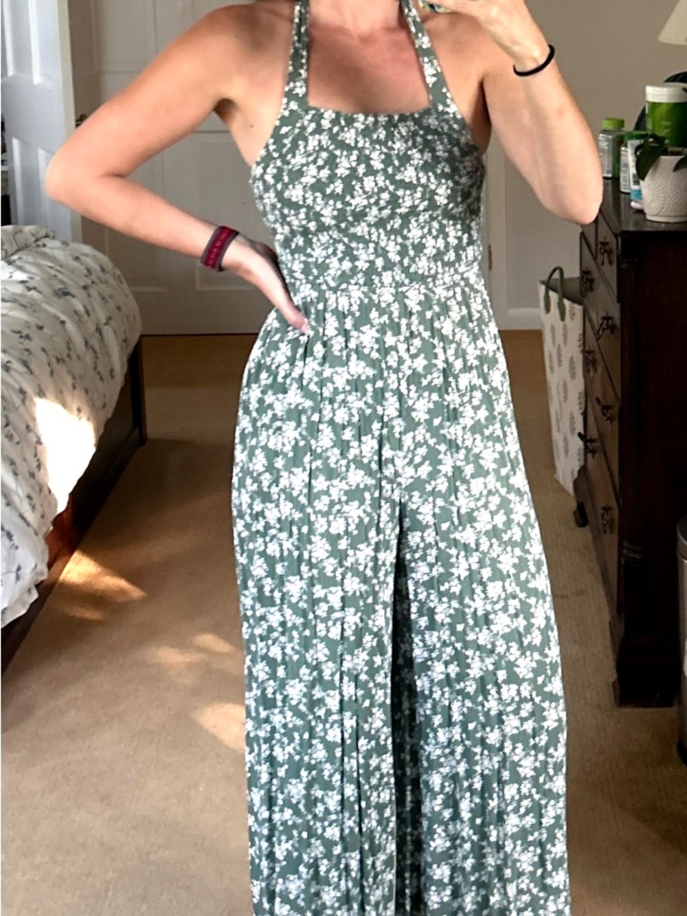 Baltic Born Green Floral Halter Wide-Leg Jumpsuit with Smocked Bodice
